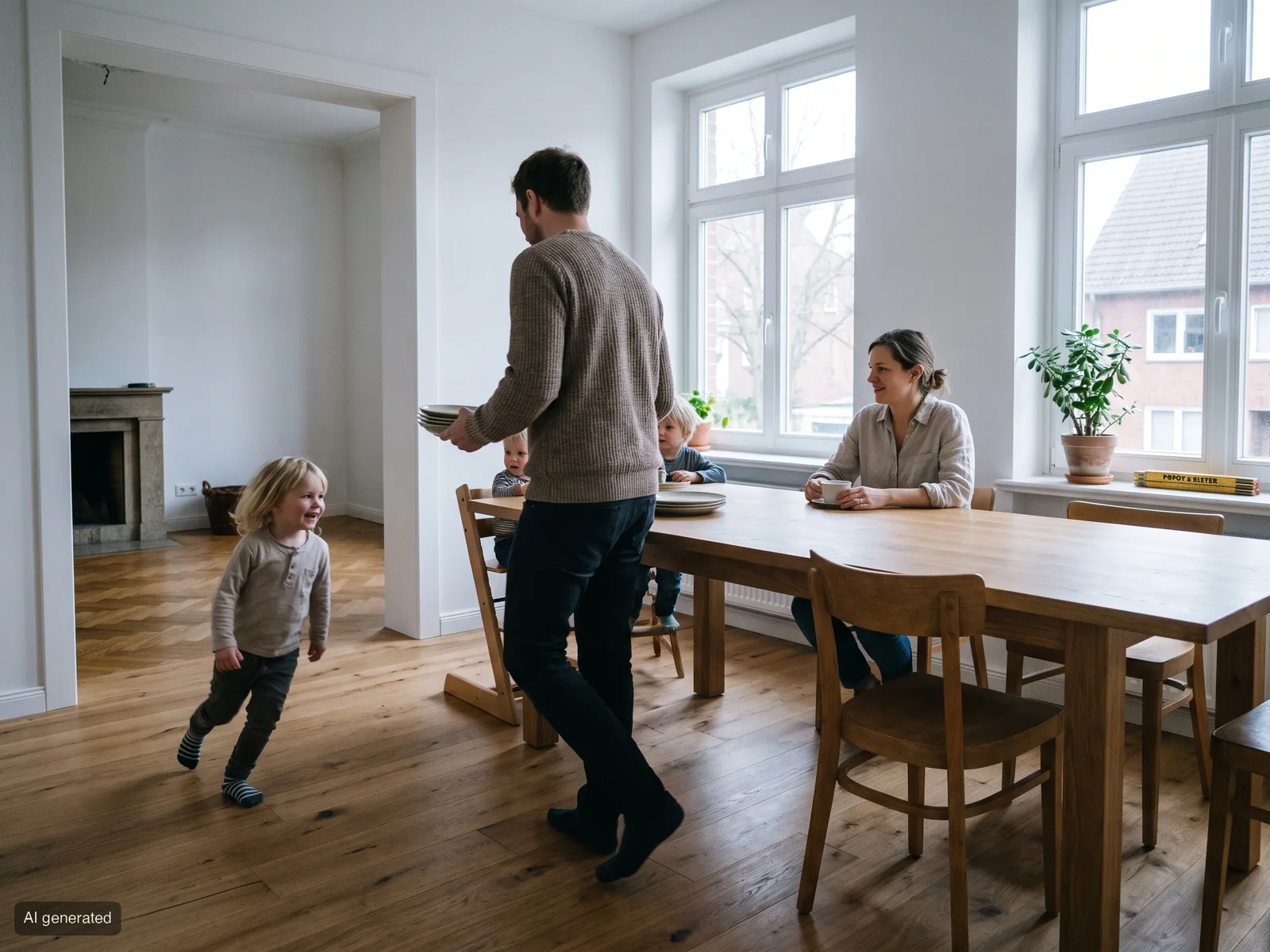 Junge Familie beim Frühstück im frisch sanierten Wohnraum mit Eichendielen